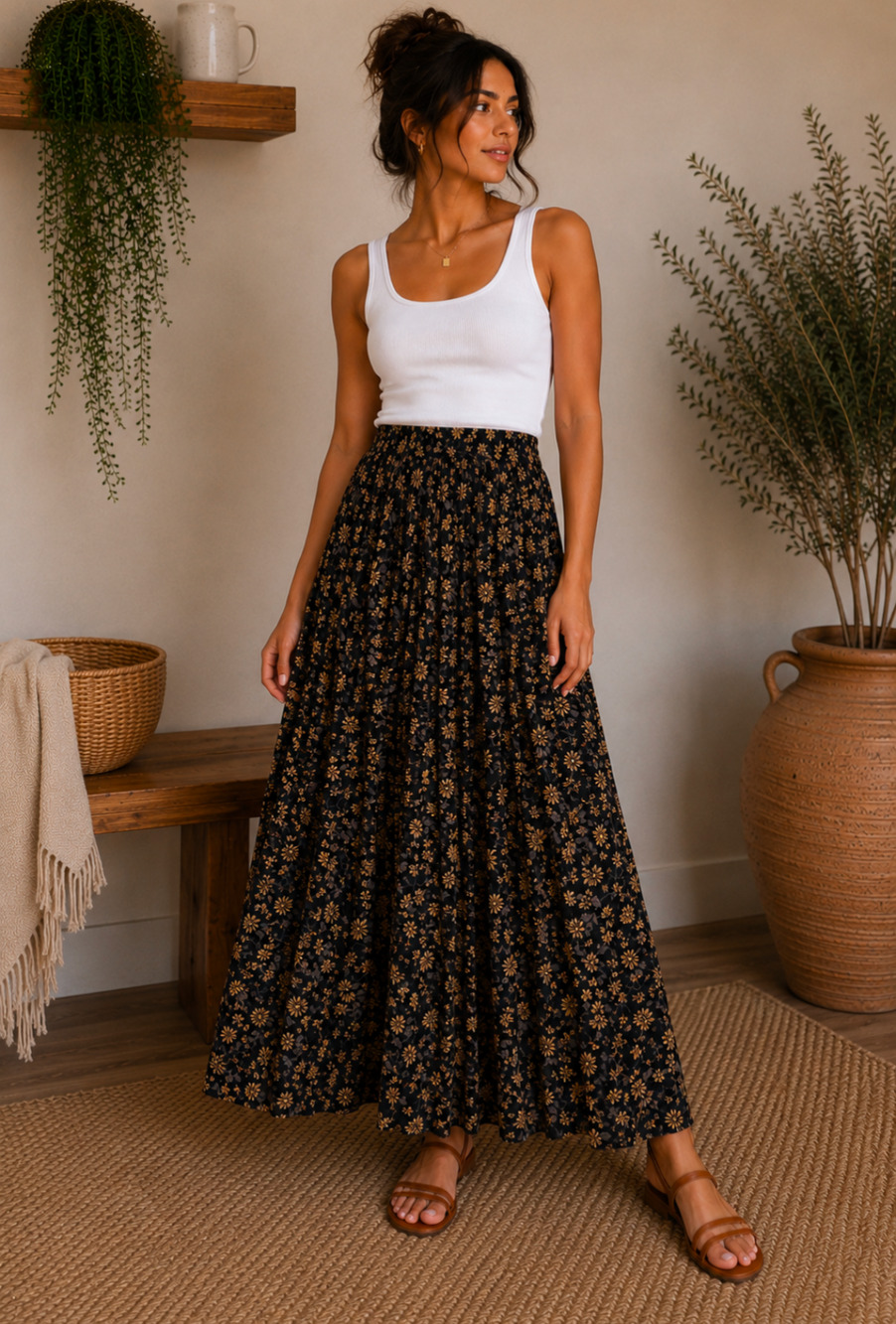 Carly Jean Los Angeles (CJLA) Floral Maxi Skirt - Black & Tan - NWOT - Size M